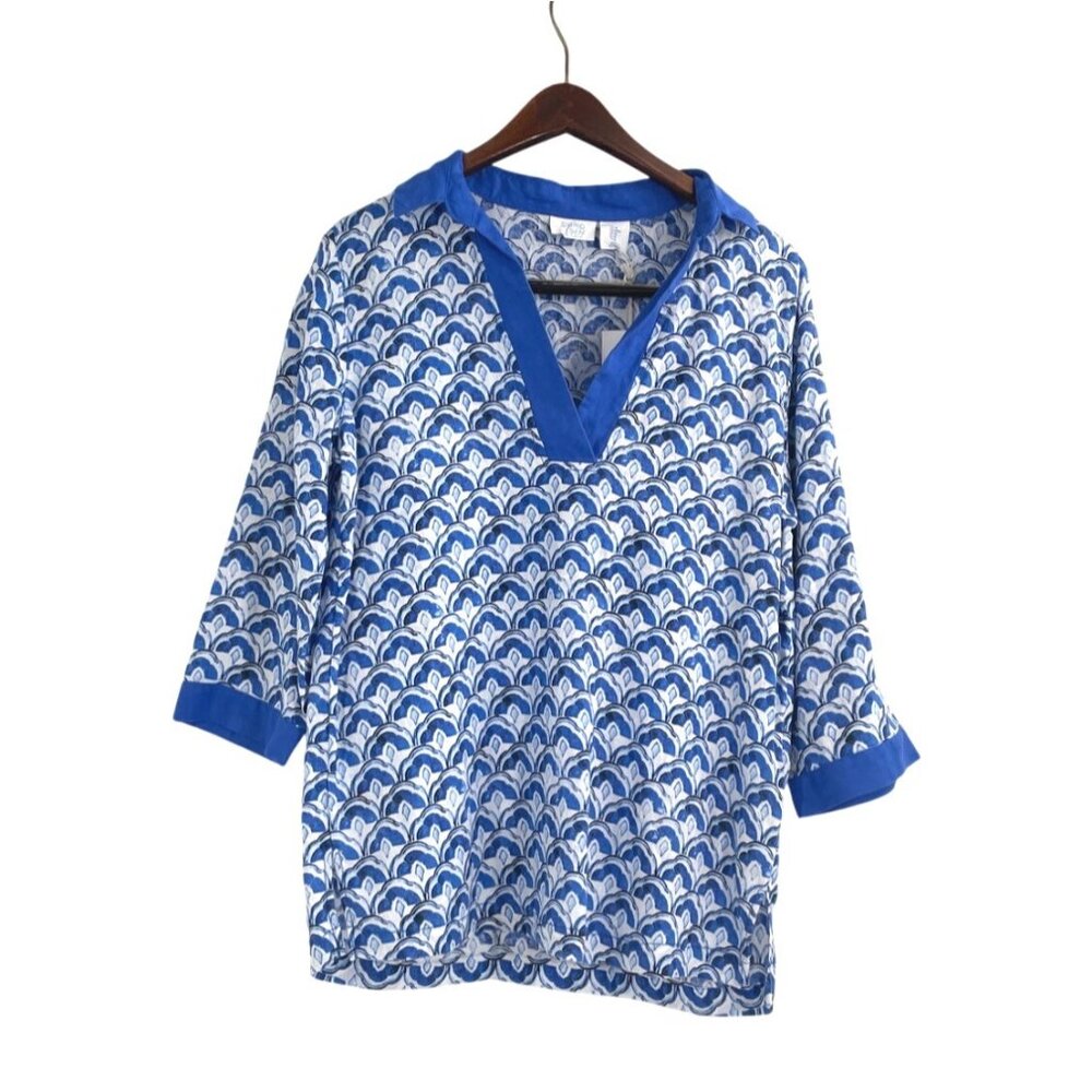 NWT Sigrid Olsen Womens Medium Blue White Linen Top Scallop Print Coastal Preppy